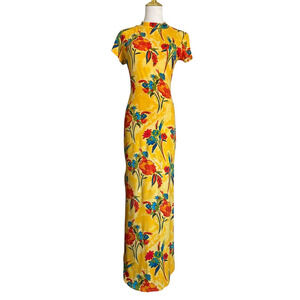 Absolutely Dress Womens Large Yellow Floral Maxi Short Sleeve Cutout Back Summer